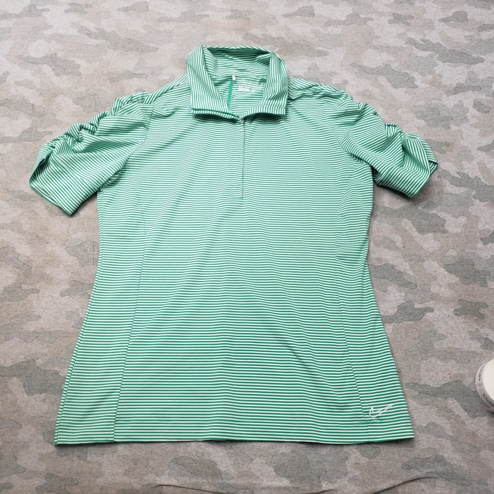 Nike Golf Top Womens Large Green Striped Dri-Fit 1/4 Zip Short Sleeve Outdoors